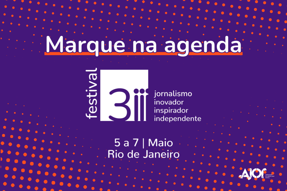 Arte em tons de roxo e laranja mostra o texto Marque na Agenda, Festival 3i 2023, 5 a 7 de maio, Rio de Janeiro.
