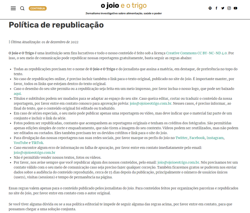 Política de reprodução do O Joio e o Trigo no site da iniciativa. Imagem: Reprodução.